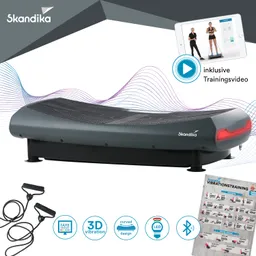 Vibrationsplatte in grauer Farbe mit strukturiertem Standbereich. Zubehör wie Widerstandsbänder und ein Trainingsposter sind abgebildet.