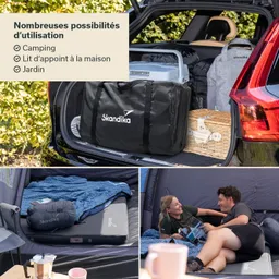 Kofferraum eines Autos mit Taschen, Kühler und einem Korb. Unten eine Matratze mit Decke im Zelt, zwei Personen sitzen darin.