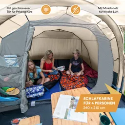 Zeltinneres mit drei Personen auf Schlafsäcken. Eine Person liest, andere halten Spielsachen. Holztablett mit Zeitschrift und Tasse.
