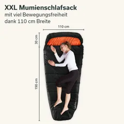 XXL Mumien-Schlafsack in schwarz mit oranger Kragen, daneben liegt eine Person mit geschlossenen Augen und freiem Oberkörper.