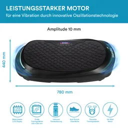 Vibrationsplatte mit rutschfester Oberfläche, LCD-Display und Hinweis auf motorisierte Oscillationstechnologie.