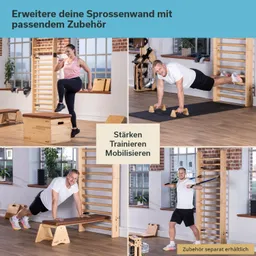 Fitnessraum mit Sprossenwand. Zwei Personen trainieren, eine macht Step-Ups, der andere Liegestütze. Zubehör sichtbar.