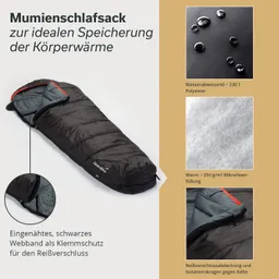 Mumien-Schlafsack in Schwarz, Details zu Materialien und Eigenschaften, wie Wasserabweisung und Füllung, im Bild angegeben.