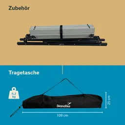 Aluminium-Zubehörteil in der oberen Bildhälfte, darunter eine schwarze Tragetasche mit Maßen und Gewicht.