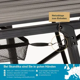 Gitterablage mit Haken an einem Gestell, darunter Textinformationen zu Netzablage und Kundenservice.