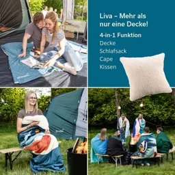 Zwei Personen sitzen auf einer Decke in einem Zelt, eine Person liest. Unten links sitzt eine Person mit einer Decke, rechts eine Gruppe um ein Feuer.