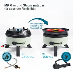 Zwei tragbare Kochgeräte, eines für Gas und eins für Strom, mit den jeweiligen Watt-Angaben. Gezeigt werden auch Anschlüsse.