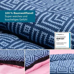 Baumwollflanell-Decken Schlafsack in blau mit geometrischem Muster. Unterseite in rosa. Zertifikat „SEHR GUT“ sichtbar.