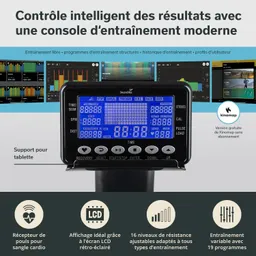 Moderne Trainingskonsole mit LCD-Display und Bedienelementen zur Steuerung von Trainingsprogrammen und Ergebnissen.