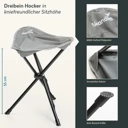 Dreibeinhocker mit grauem Sitz aus 600D Oxford Polyester, Sitzhöhe 55 cm, schwarze Metallbeine, verstärkte Ecken.
