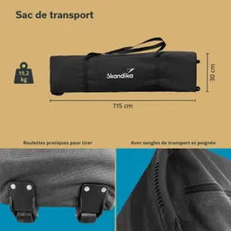 Transporttasche in Schwarz mit Maßen von 115 cm Länge und 30 cm Höhe. Geeignet für bis zu 15,2 kg. Rollen und Tragegurte sichtbar.