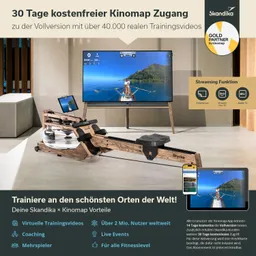 Rudergerät aus Holz mit wassergefülltem Tank, Bildschirm mit Trainingsvideo, Tablet auf Halterung, moderner Raum.