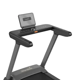 Ein Bildschirm und Bedienelemente eines Laufbands. Der Rahmen ist schwarz mit grauen Akzenten.