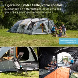Großes Zelt in einer Wiese, umgeben von Bäumen. Eine Familie sitzt zusammen, mit einem Stuhl und einer Liege. Teile des Zeltes sind zu sehen.