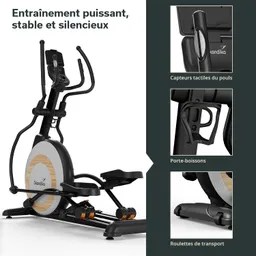 Ellipsentrainer mit Holz-Design-Elementen, Griffen, einem Getränkehalter und Transportrollen. Klassen in schwarzer Farbe.