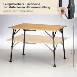 Klappbarer Tisch mit zwei Holzoberflächen und verstellbaren, schwarzen Metallbeinen. Maße: 44 cm und 70 cm.