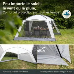 Zelt mit seitlichen Mesh-Paneelen und Stühlen im Freien, umgeben von Bäumen. Detailansichten der Zeltkonstruktion.