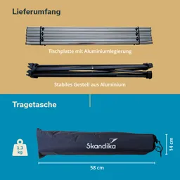 Faltbare Tischplatte aus Aluminium, stabiles Aluminiumgestell, Tragetasche mit Maßen 58 cm x 14 cm und Gewicht 1,3 kg.
