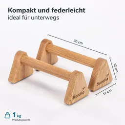 Holz-Gymnastikgeräte mit dreieckigen Standfüßen, Maße und Produktgewicht sind angegeben. Minimalistisches Design.