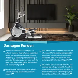 Crosstrainer in modernem Wohnraum mit TV und Pflanze, neben Kundenbewertungen in Textfeldern.