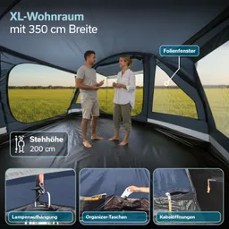 Zeltinneres mit zwei Personen. Große Fenster, Stehhöhe 200 cm. Anzeigen für Lampe, Organizer-Taschen und Kabelöffnungen.