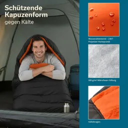 Schlafsack in einem Zelt, eine Person lächelt darin, orangefarbene Innenfarbe, daneben technische Details zum Schlafsack.