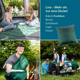 Verschiedene Personen in einem Zelt und im Freien verwenden eine grüne Decke bei einer geselligen Zusammenkunft.
