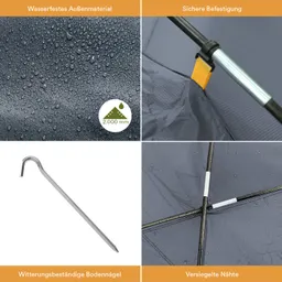 Details von Zelten: Wasserfestes Material, sichere Befestigung, Wetterbeständige Bodennägel und versiegelte Nähte.