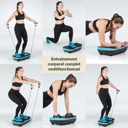 Eine Person in Sportbekleidung führt verschiedene Übungen auf einem multifunktionalen Fitnessgerät aus. Das Gerät hat eine blaue Oberfläche.
