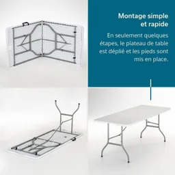 Faltbare Tischplatten in verschiedenen Montagephasen: zusammengeklappt, mit Gestell und vollständig aufgebaut.