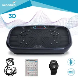 Vibrationsplatte mit Bedienfeld, Unterlage und Zubehör wie Seilhandgriffe, Übungsanleitung und Fernbedienung.