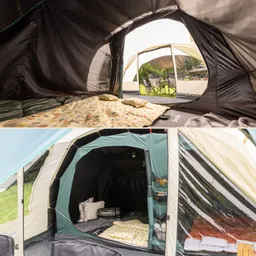 Zwei Innenansichten von Zelten. Oben: Schlafbereich mit Matratze und Kissen. Unten: weiterer Bereich mit Kissen und Wandtaschen.