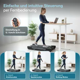 Person geht auf einem Laufband unter einem Stehpult und nutzt einen Laptop. Fernbedienung und verschiedene Geschwindigkeitsmodi sind abgebildet.