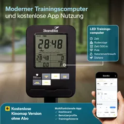 Moderer Trainingscomputer mit digitalem Display, zeigt Zeit, Kalorienverbrauch, Puls und Distanz. Zusätzlich App-Schnittstelle.