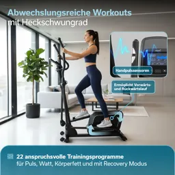 Eine Person verwendet ein Trainingsgerät in einem modernen Raum mit Fenster. Neben dem Gerät sind Informationen zu Trainingsprogrammen dargestellt.