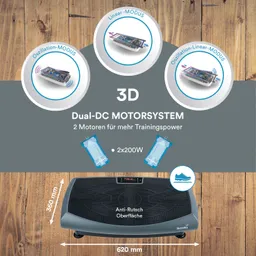 Vibrationsplatte mit zwei Motoren, Anzeige und anti-rutsch Oberfläche. Diagramme zeigen Funktionsmodi: linear, oszillierend.