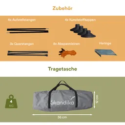 Zubehör für ein Zelt: Aufstellstangen, Kunststoffkappen, Quer- und Abspannstangen, Heringe. Darunter eine graue Tragetasche.