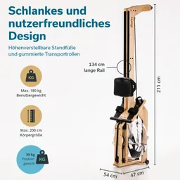 Rudergerät aus Holz mit verstellbaren Füßen, einer langen Rail von 134 cm und gummierten Transportrollen. Abmessungen sind 211 cm hoch, 54 cm breit und 47 cm tief. Maximales Benutzergewicht 180 kg, max. Körpergröße 200 cm, Produktgewicht 30 kg.
