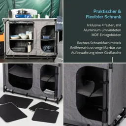 Schrank mit mehreren Fächern, aus grauem Stoff und schwarzem Metall, inklusive Zubehörteilen.