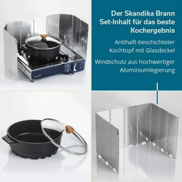 Kochfeld mit Windschutz und antiallergischem Topf. Oben rechts Text über Produkteigenschaften. Unten links Topf mit Glasdeckel.