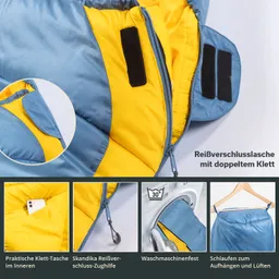 Schlafsack mit blau-gelber Innenausstattung, Reißverschluss und Klettverschluss Detailansichten und Pflegehinweise.