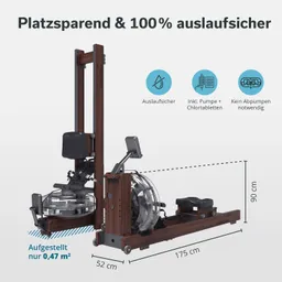 Wasser-Rudergerät in Holzoptik mit sichtbarem Wassertank, Sitz, Rudergriff und Display. Maße: 175 cm x 52 cm x 90 cm.