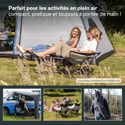 Zwei Personen sitzen in Faltstühlen vor einem Zelt. Im unteren Teil sind weitere Bilder von Personen in Faltstühlen und einem Fahrzeug.