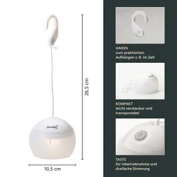 Hängende Lampe mit weißem Gehäuse und Haken. Maße: Höhe 26,5 cm, Durchmesser 10,5 cm. Bedienung per Taste.