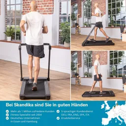Mann in sportlicher Kleidung läuft auf einem Laufband in einem gut beleuchteten Raum mit Fenstern und Pflanzen.