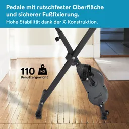 Pedale mit rutschfester Oberfläche und Fußfixierung, verbunden mit einer stabilen X-Konstruktion. Benutzergewicht: 110 kg.
