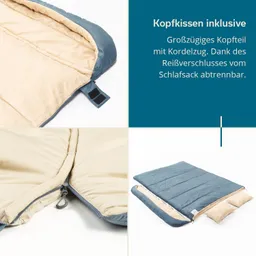 Schlafsack mit abnehmbarem Kopfteil und Kordelzug. Zu sehen sind Details des Reißverschlusses und Kissen.
