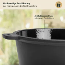 Schwarzer Topf mit glänzender, emaillierter Innenfläche und Henkel. Text beschreibt Eigenschaften der Beschichtung.