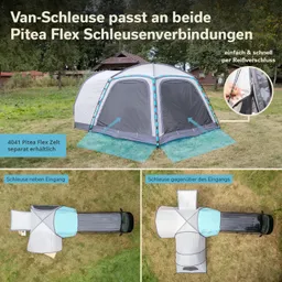 Zelt mit grauer Front und hellen Akzenten auf Rasen, zwei Ansichten einer Schleuse an einem Van, Textstellen im Bild.