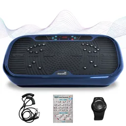 Vibrationsplatte in Blau mit Steuerungselementen. Neben der Platte liegen ein Widerstandsbänder-Set, ein Handbuch und eine digitale Uhr.